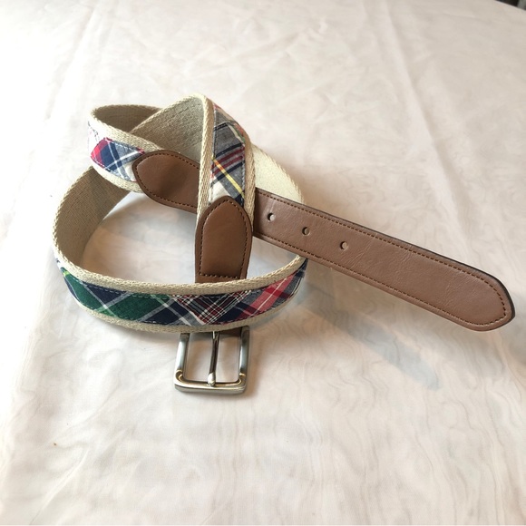 JAAK Belt Men L Madras Plaid Blue Red GreenCanvas Cotton Woven Synthetic Leather - Picture 4 of 14